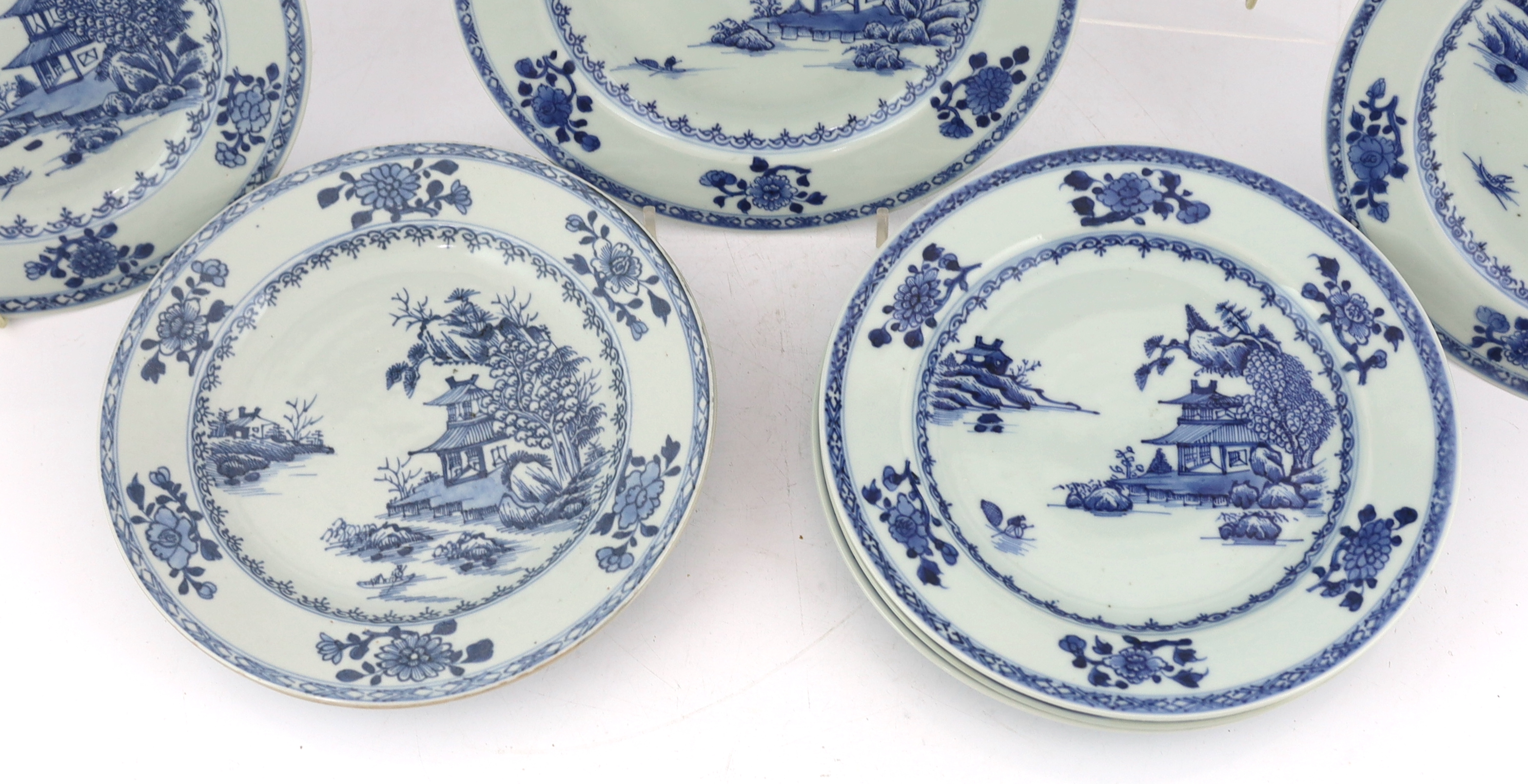 A set of twelve Chinese Nanking Cargo ‘Boatman’ blue and white plates, Qianlong period